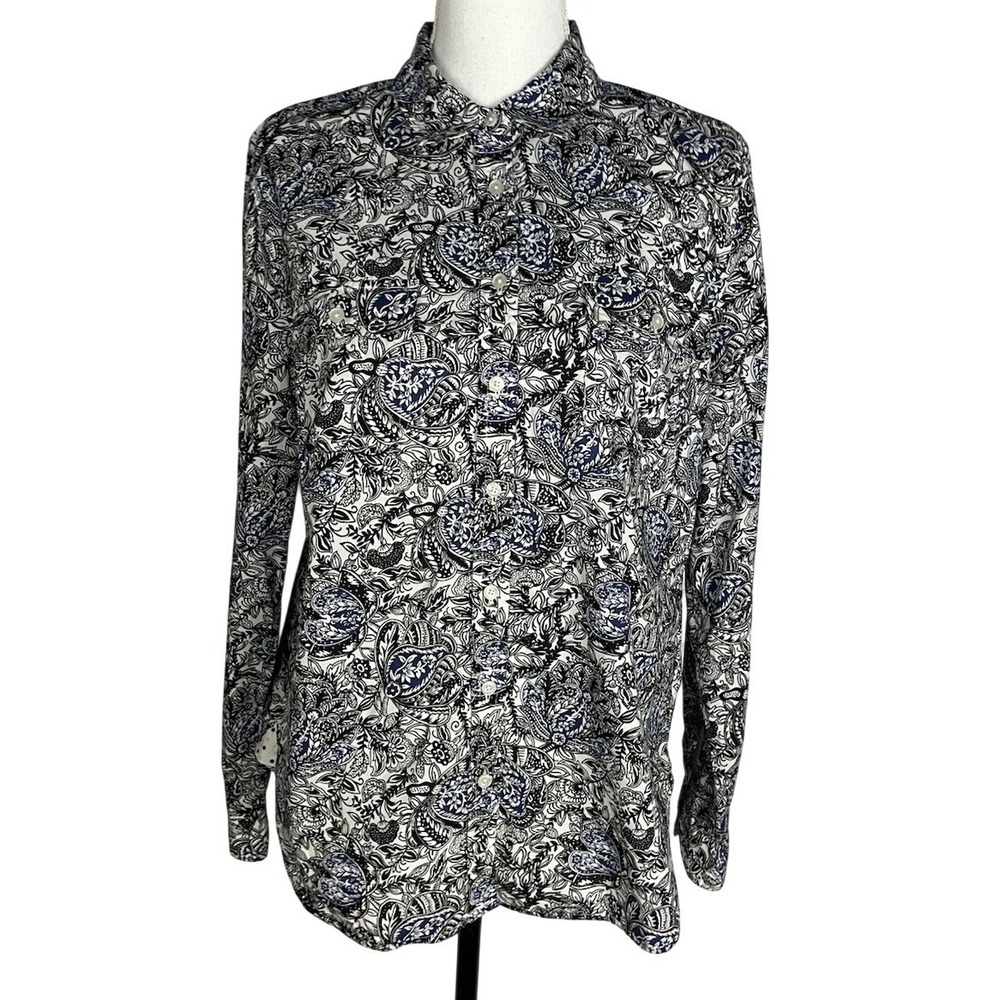 Talbots Women Paisley Black Blue & White‎ Long Sleeve Button-Down Shirt M Cotton